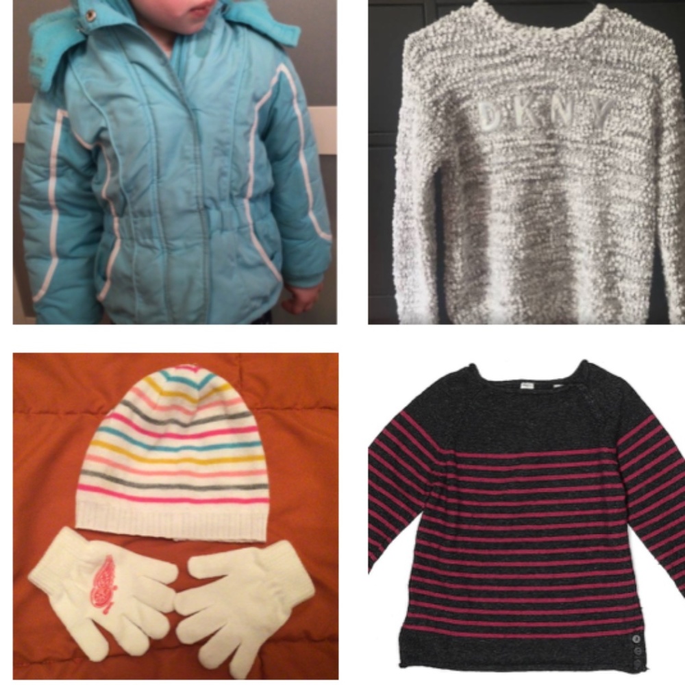 Bundle Jacket, Hat, Gloves, Two Sweaters Size5/6 Girl